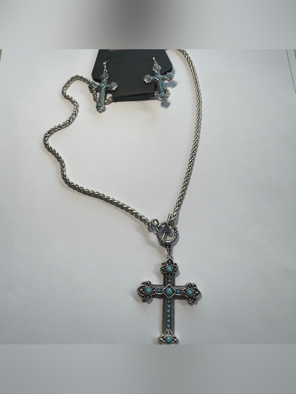 11” Shyanne Silver-Tone Cross Necklace and Earrings with Turquoise Accents
